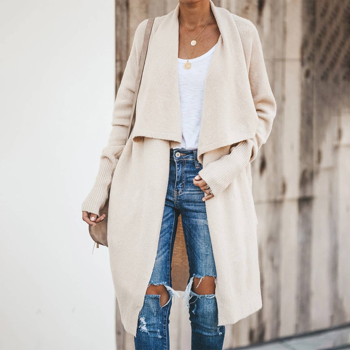 Large lapel unbuttoned solid color long cardigan coat