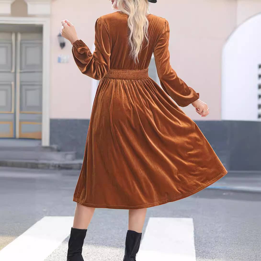 SOLID COLOR V-NECK PLEATED HIGH-WAISTED DRESS