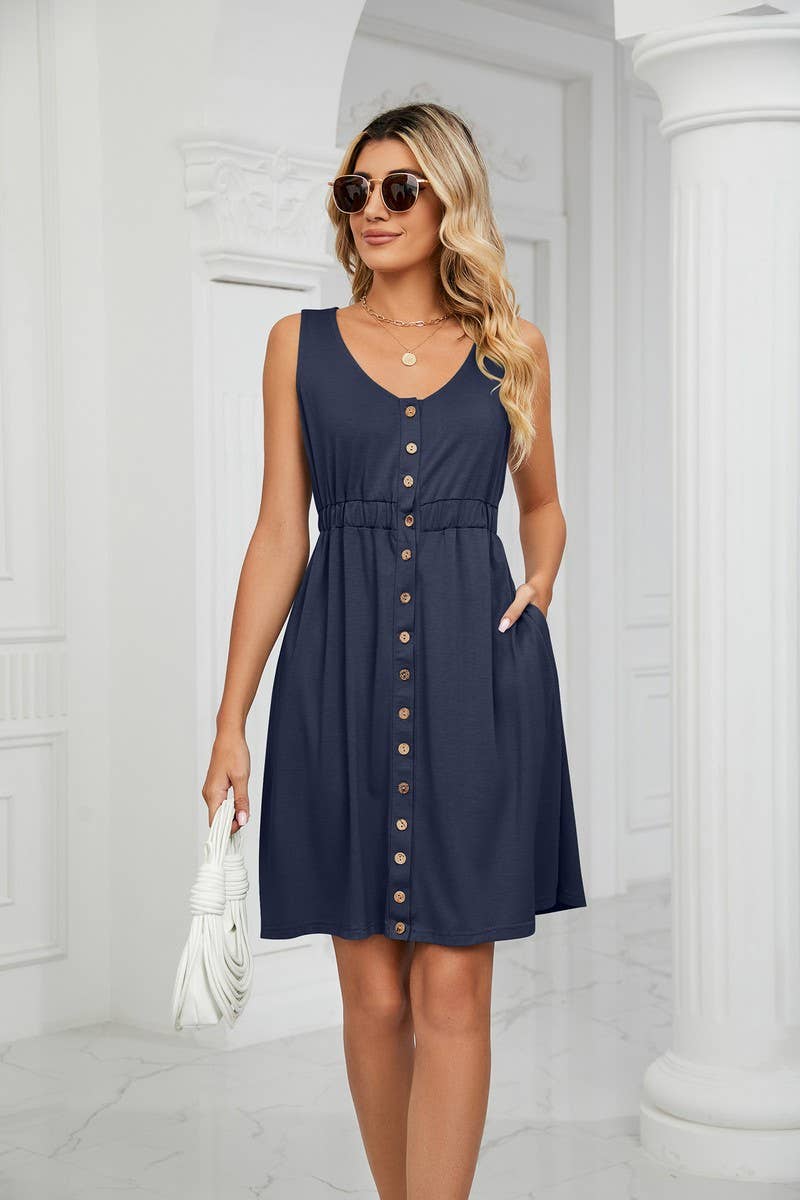 CWDSD3114_ROUND NECK SLEEVELESS BUTTON POCKET WAIST DRESS
