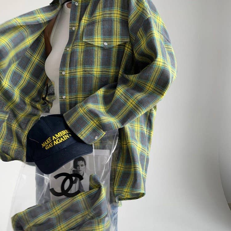 VINTAGE LOOK WITH LAPEL BAGGY PLAID SHIRT