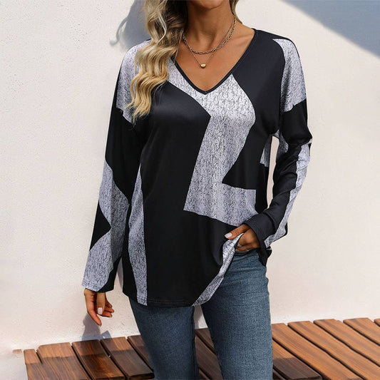 LONG SLEEVE CASUAL LOOSE COLOR MATCHING TOP