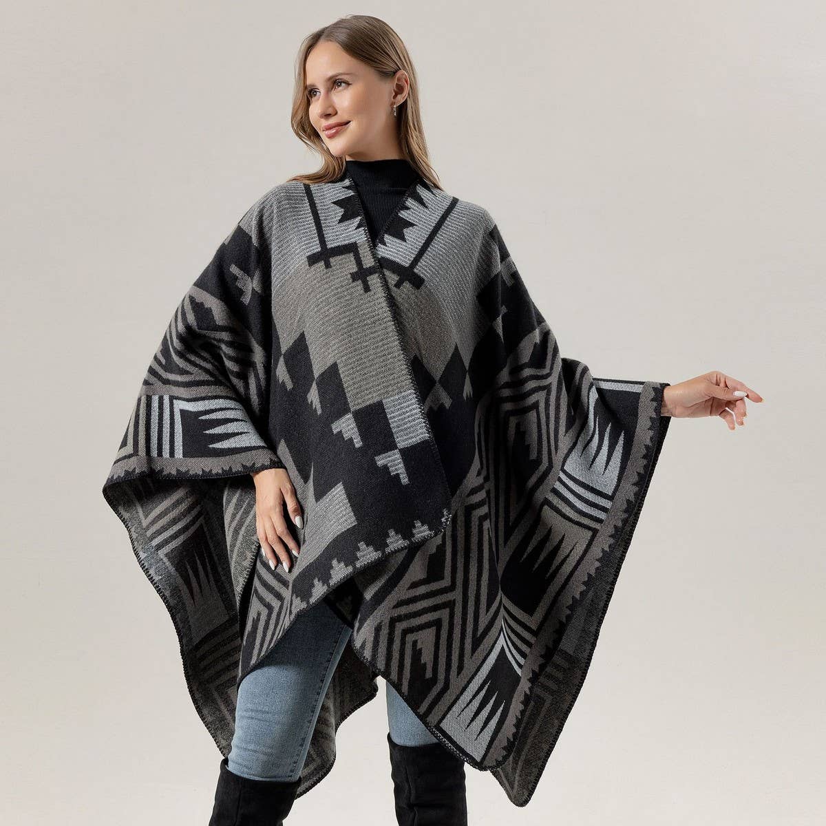 CAPE SHAWL SCARF FAUX CASHMERE JACQUARD SLIT CAPE_CWASC2228