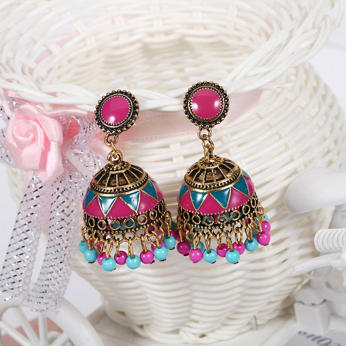 CWAJE05678_BOHO COLORFUL BEADED TASSEL BELL DROP EARRINGS