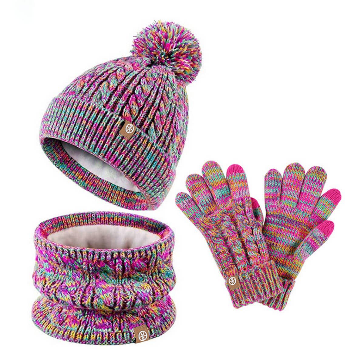 THREE-PIECE SET OF POM-POM HAT, SCARF AND GLOVES