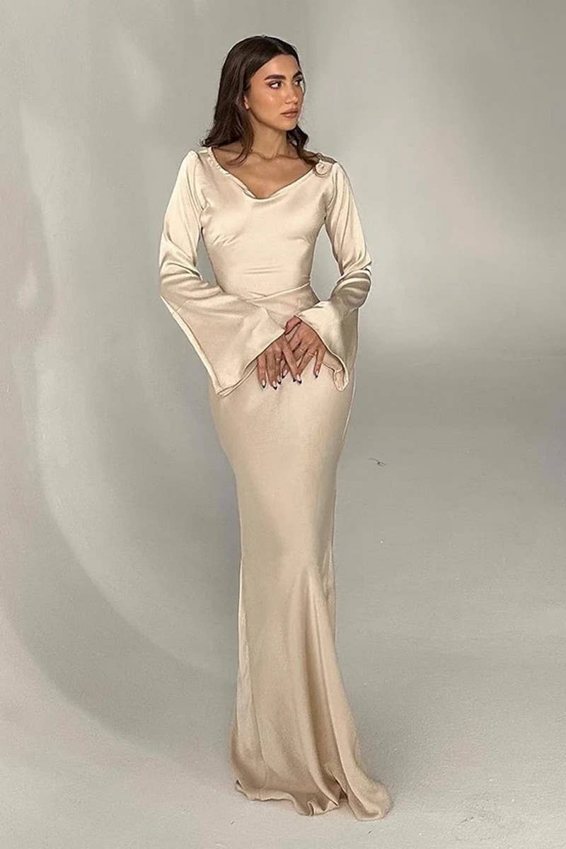 CWDMD5245_SIMPLE LONG SLEEVE FISHTAIL BODYCON DRESS