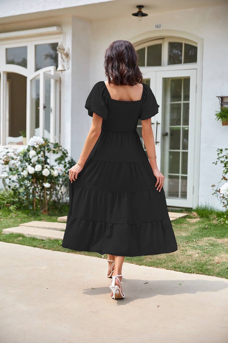 Square neck backless puffy sleeve pleated dress