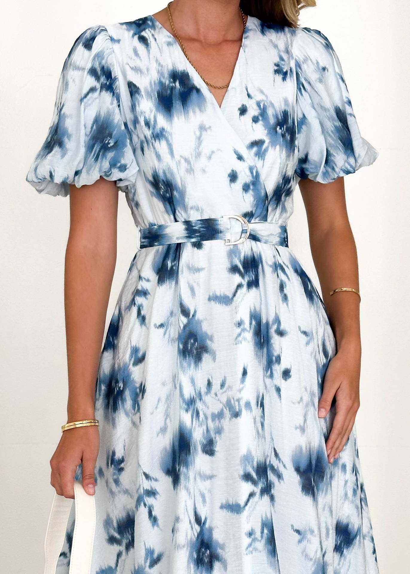 Puffy sleeve print sexy women's V-neck dress