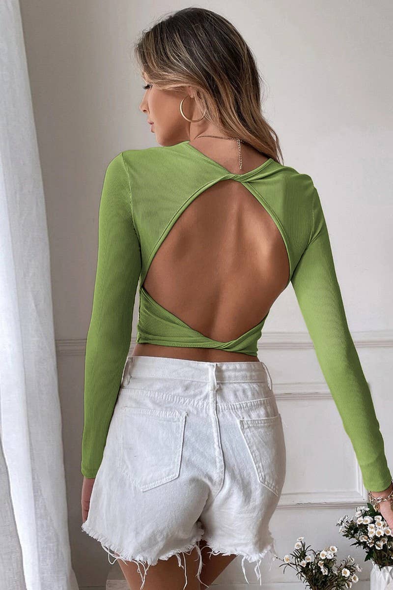 SEXY HALTER BACK SLIM KNIT LONG SLEEVE T SHIRT_CWTSTL1094