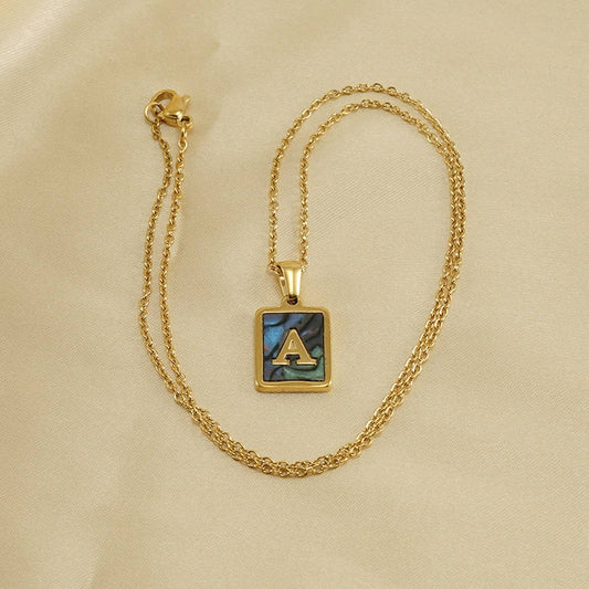 CWAJE1930_Square Stainless Steel Color Shell Letter Necklace