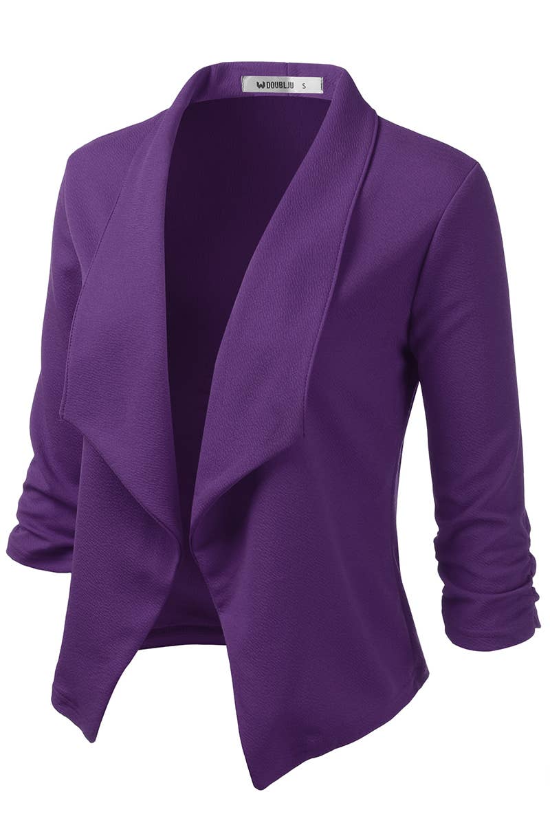 CWOBL091_Casual Work Ruched 3/4 Slv Open Front Blazer Jacket