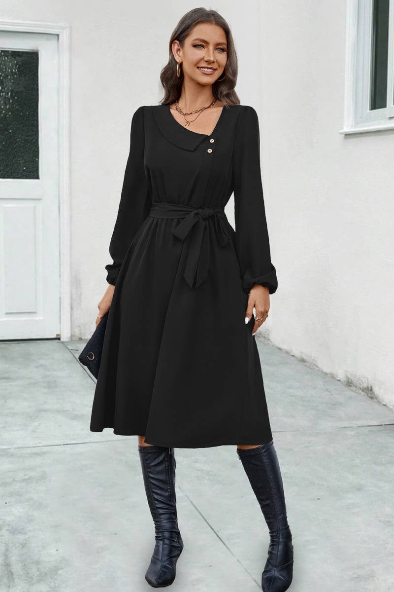 CWDSD4869_IRREGULAR NECKLINE TIE LONG SLEEVE DRESS