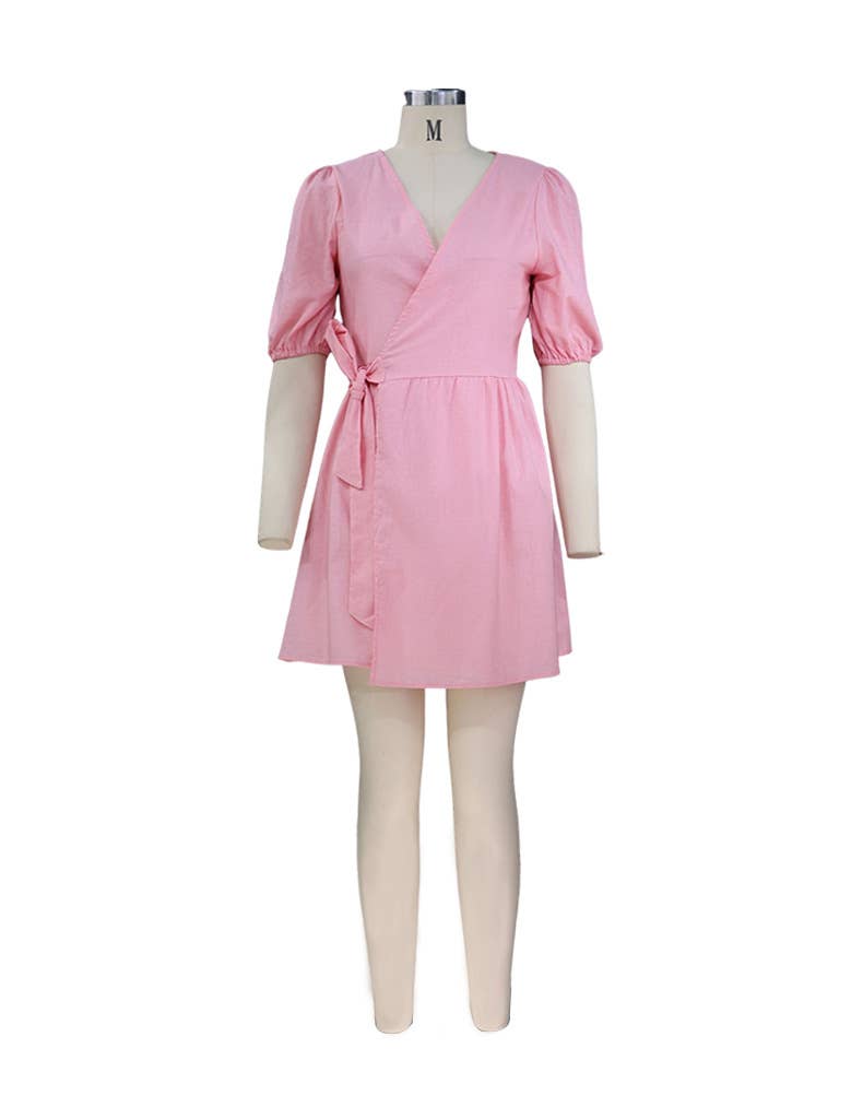 V-NECK PUFFED SLEEVE COTTON LINEN DRESS