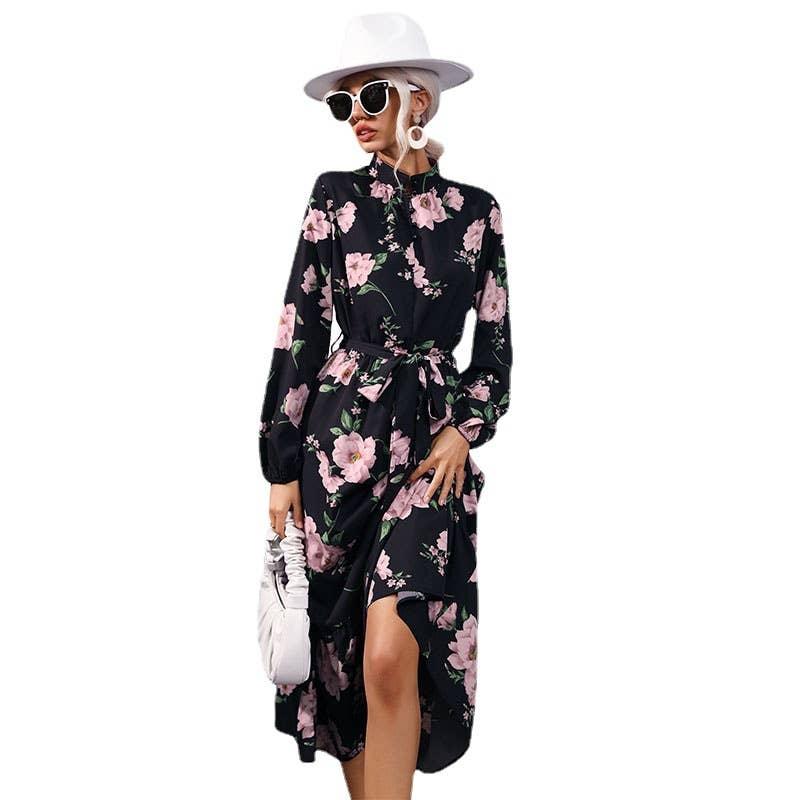 PRINTED LONG-SLEEVED HALF-NECK DRESS
