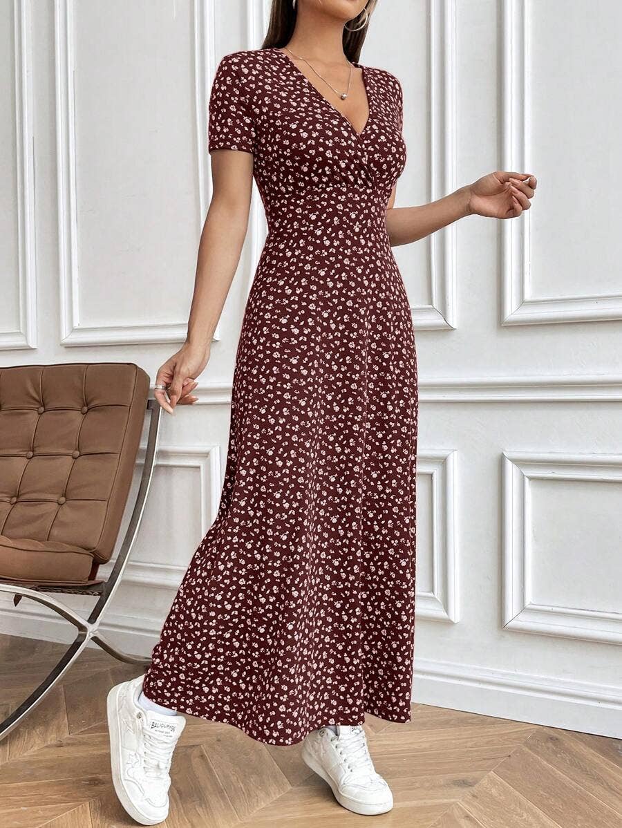 V-neck elegant cinched waist casual floral dress
