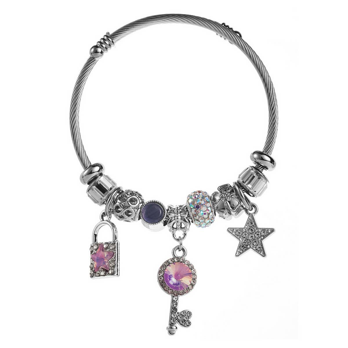 Lock & Key Charm Adjustable Steel Bracelet