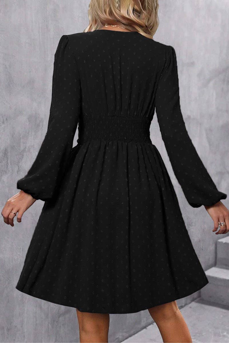 CWDSD6427_JACQUARD V-NECK LANTERN SLEEVE DRESS