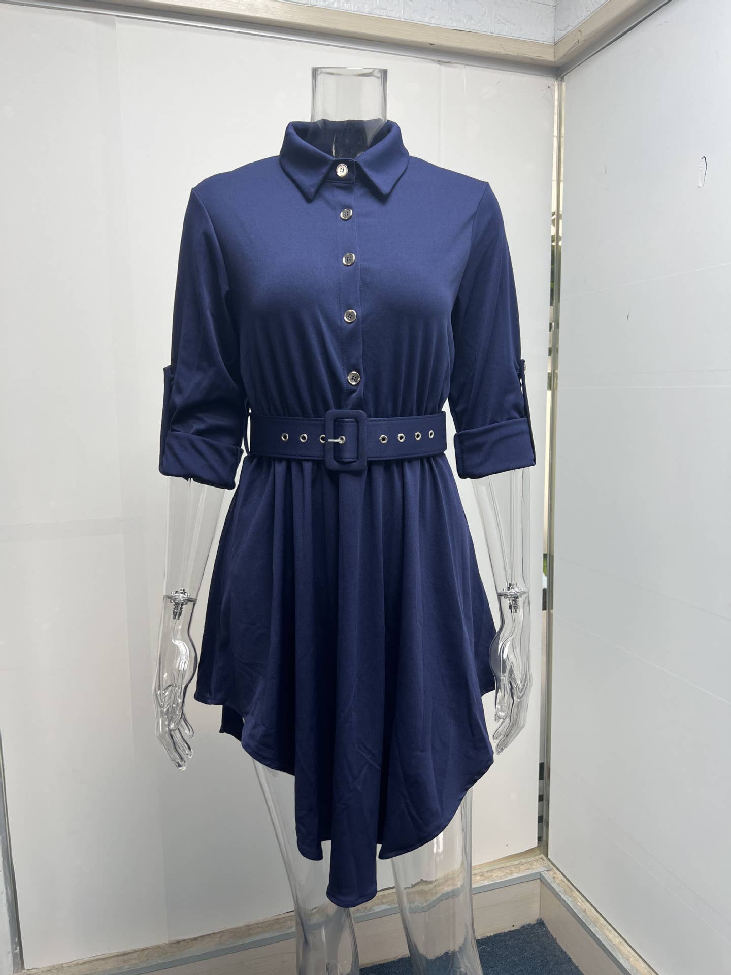 Rolled-up sleeves cinched waist shirt dress