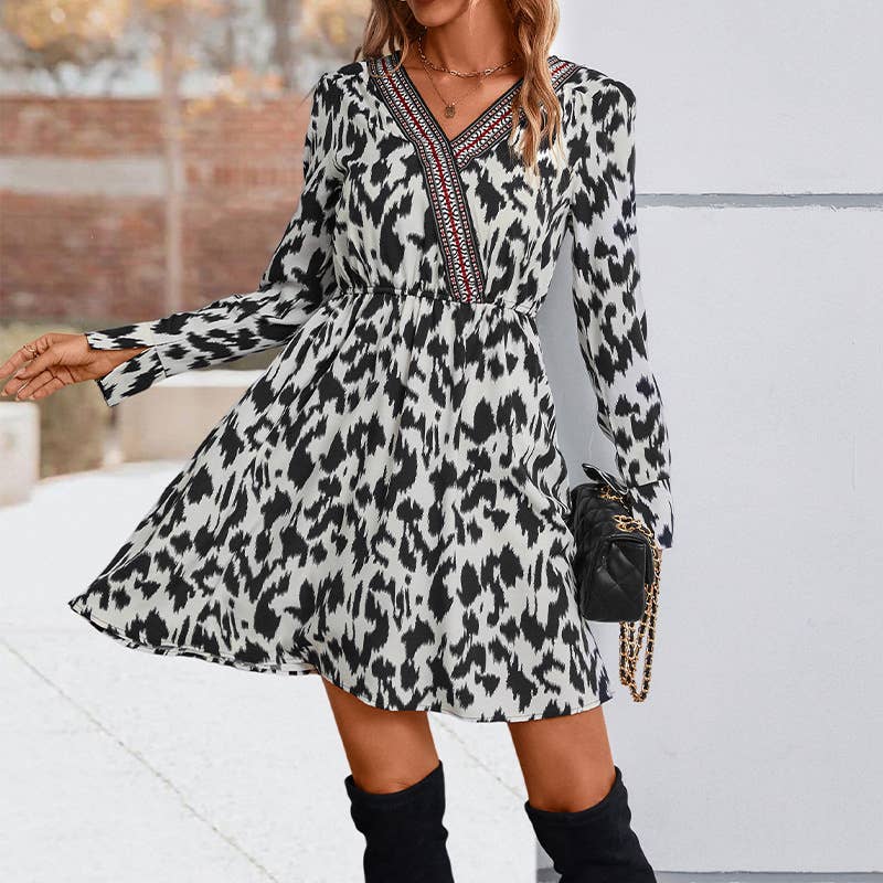 V-NECK LACE PATCHWORK TEMPERAMENT PRINT DRESS