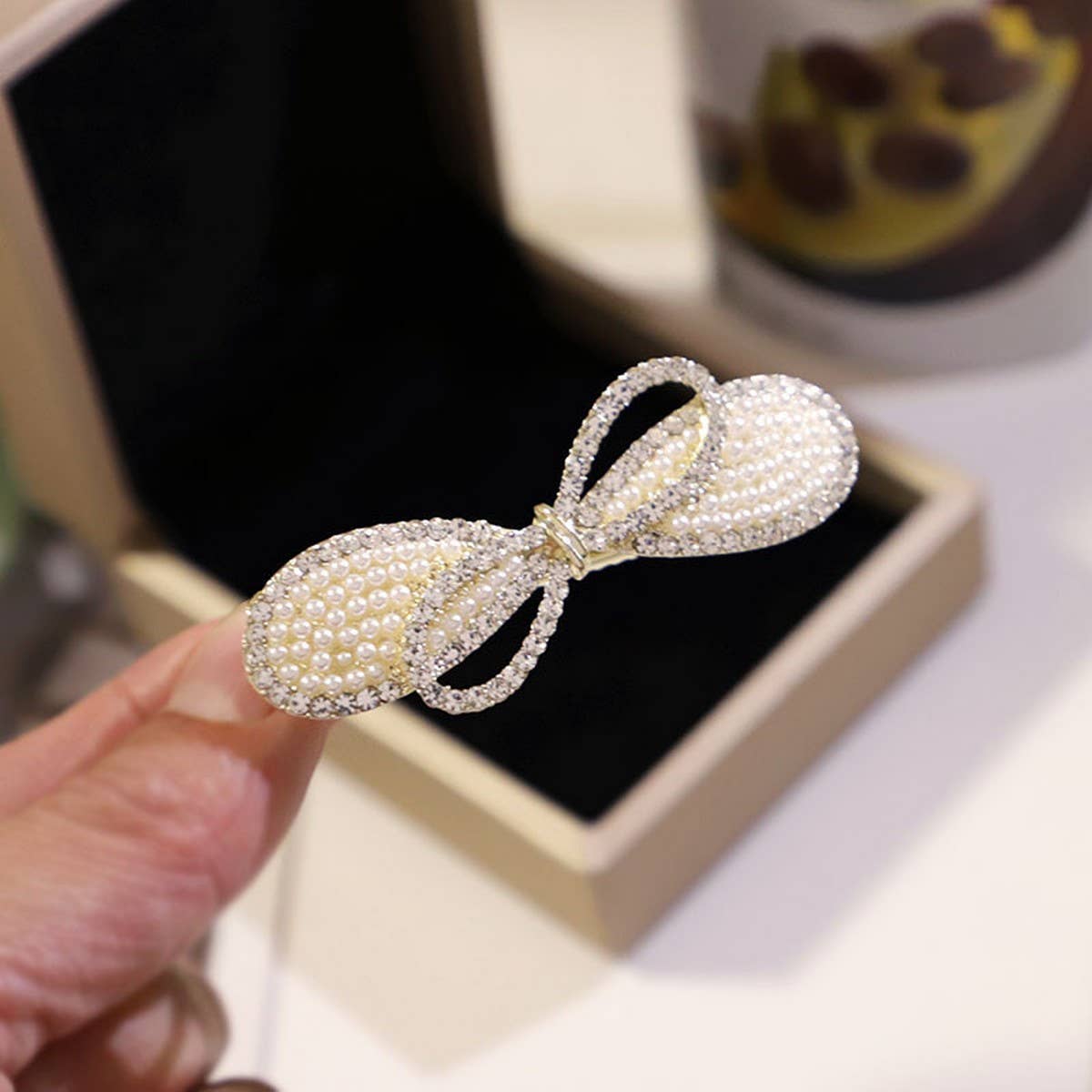 RHINESTONE BOW PEARL DOUBLE LAYER HAIR CLIP