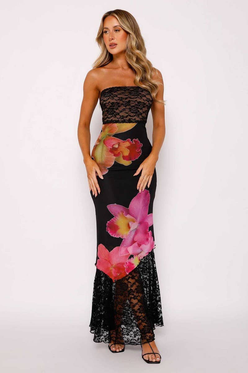 CWDMD5992_LACE TRIM STRAPLESS BACKLESS BODYCON DRESS