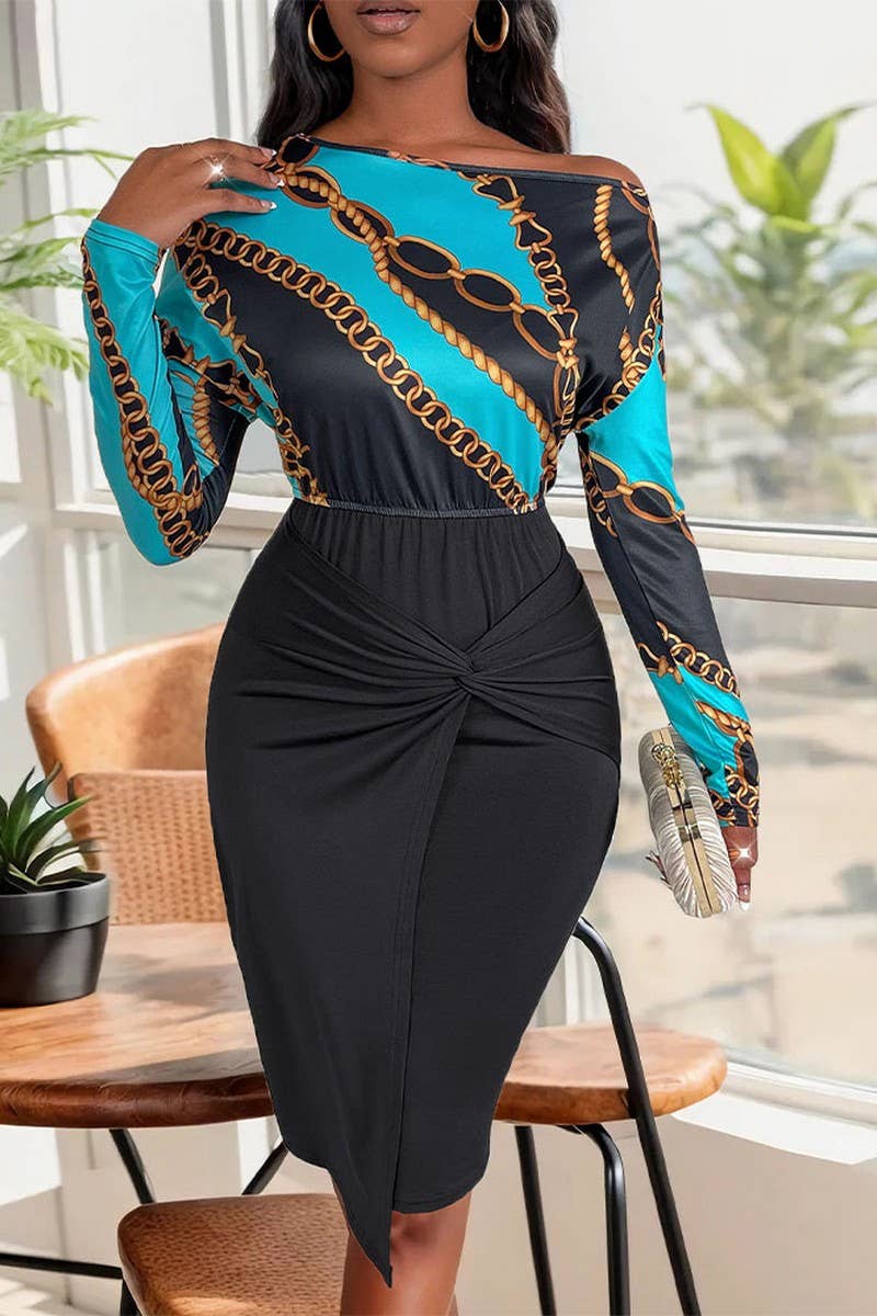 CWDMD4852_ONE-SHOULDER SLIM-FIT STITCHING ELEGANT TWIST DRES