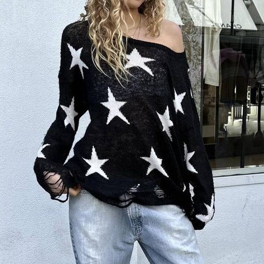 SLOUCHY CASUAL COLOR STAR PATCHWORK LOOSE SWEATER