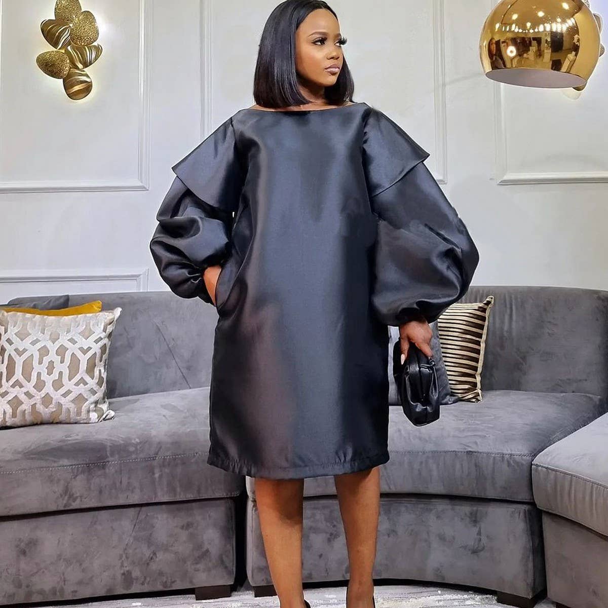 PLUS SIZE FASHION WOMEN'S LOOSE PUFF SLEEVE DRESS_CWDSD6167