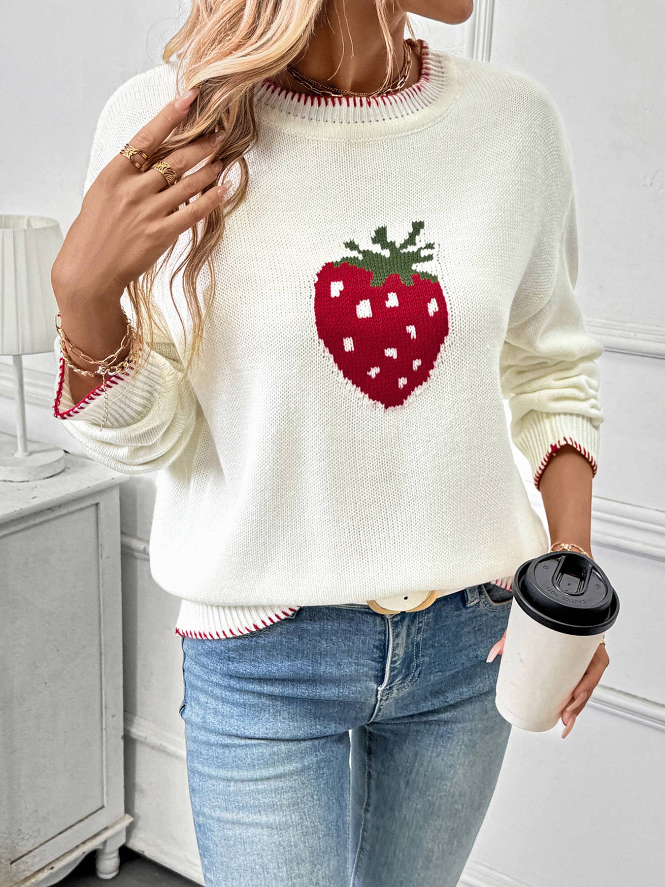 Strawberry jacquard round-neck stitched sweater