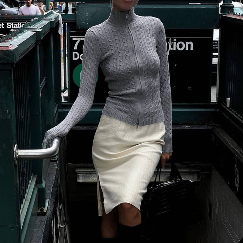 Fashionable semi-high neck zipper knit cardigan