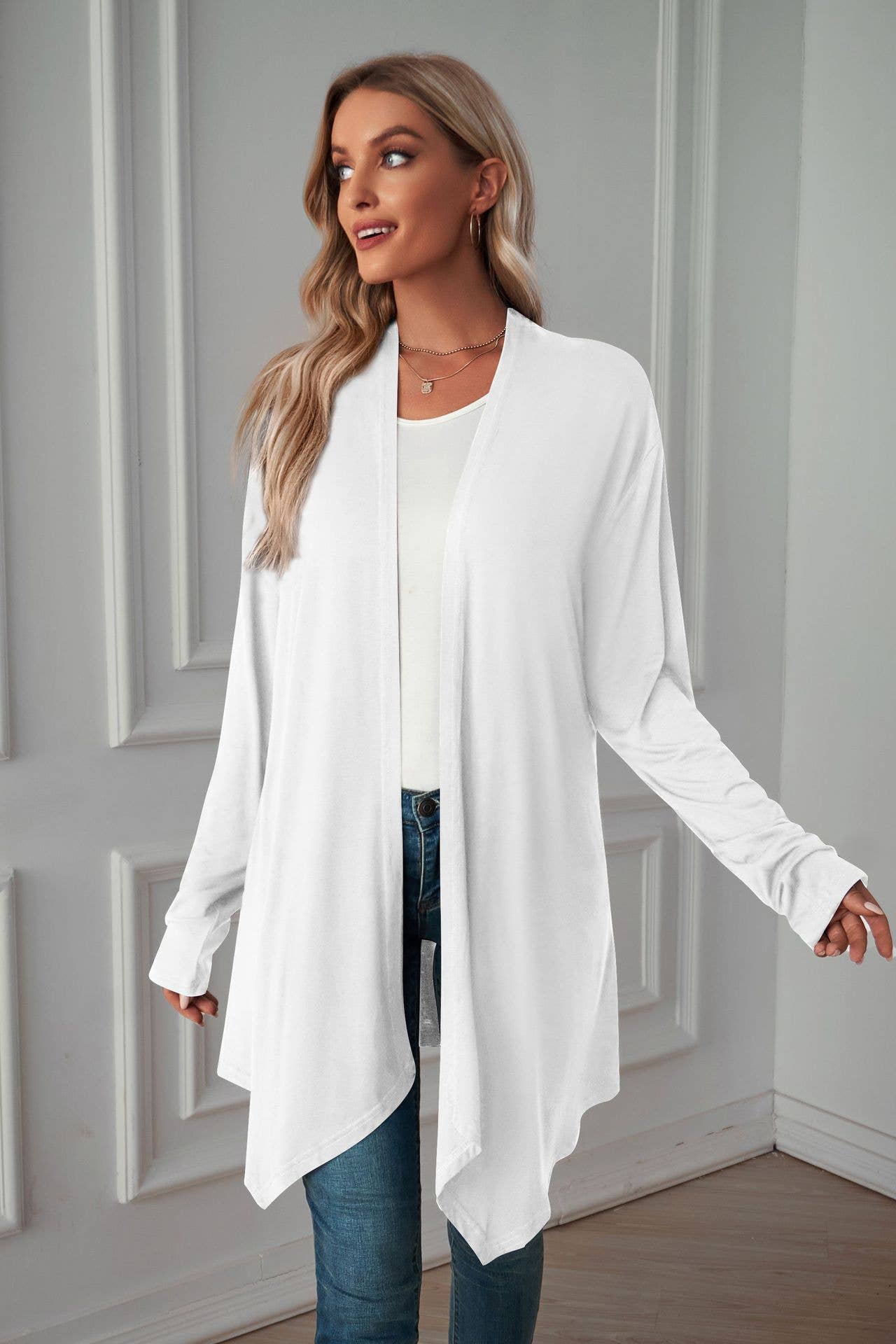 Solid-color,buttonless long-sleeved cardigan