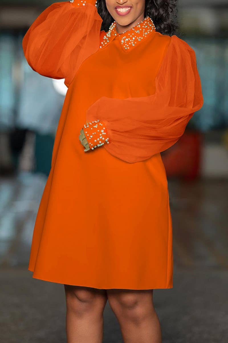 CWDSD6395_FALL MESH SEE-THROUGH BEADED LONG-SLEEVED DRESS