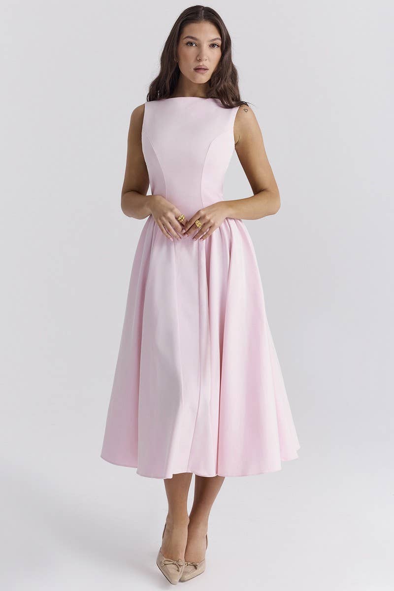 CWDMD5549_LUXURY MONOCHROME ROUND NECK BACKLESS DRESS