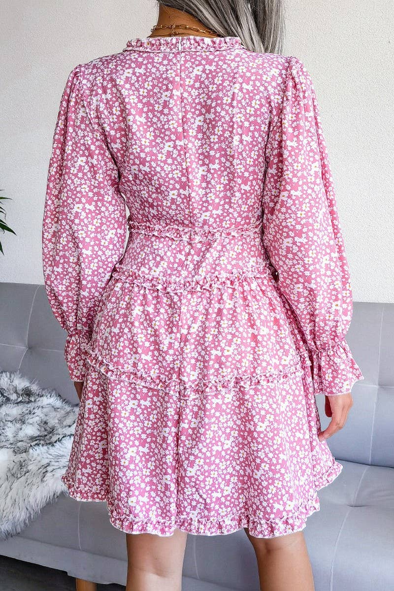 SEXY V NECK FLORAL LONG SLEEVE CHIFFON DRESS_CWDSD2502