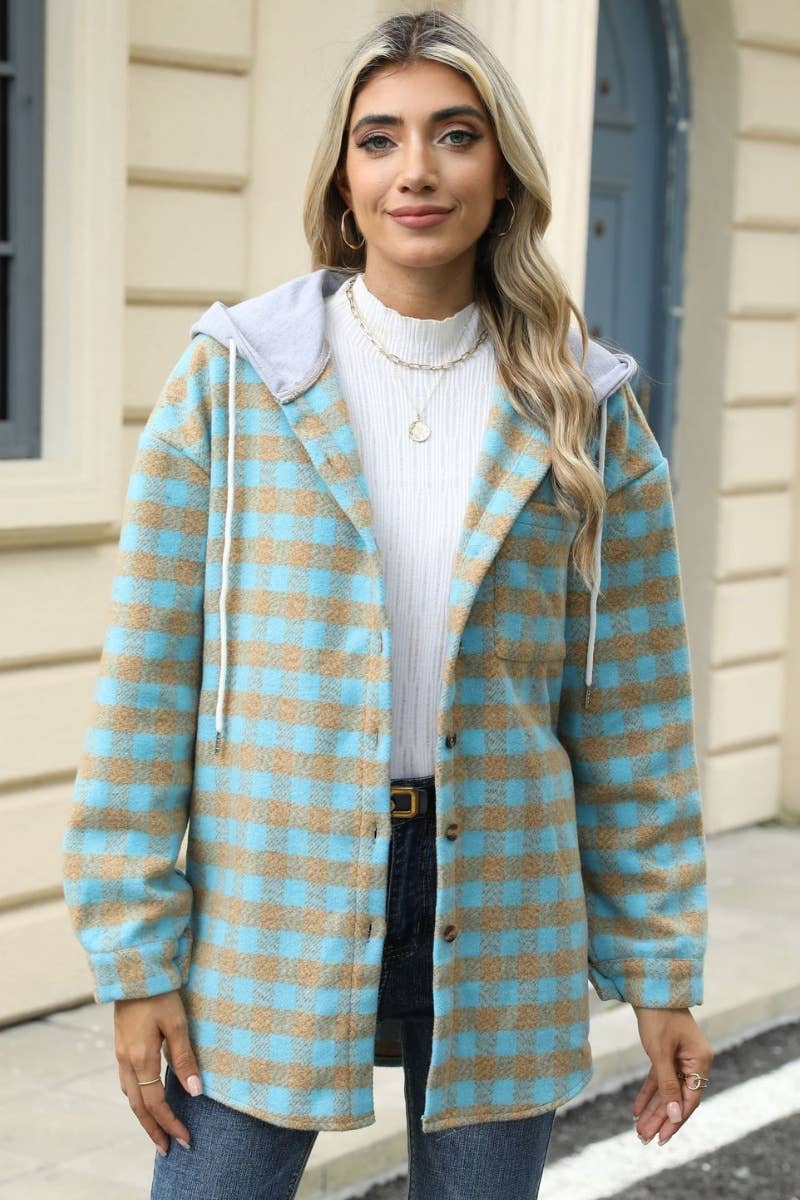 CWOCO0568_FALL PLAID HOODED PATCHWORK WOOLEN COAT