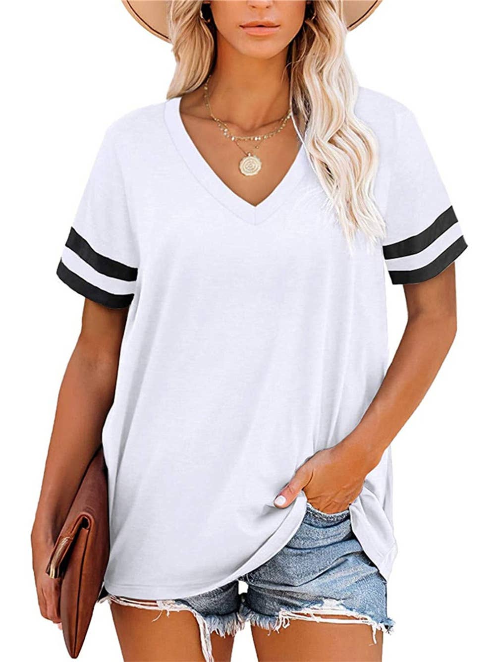 V-NECK SHORT SLEEVE COLOR MATCHING LOOSE TOP