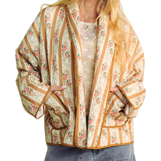 STRIPED FLORAL PRINT LOOSE QUILTED JACKET_CWOJA1552