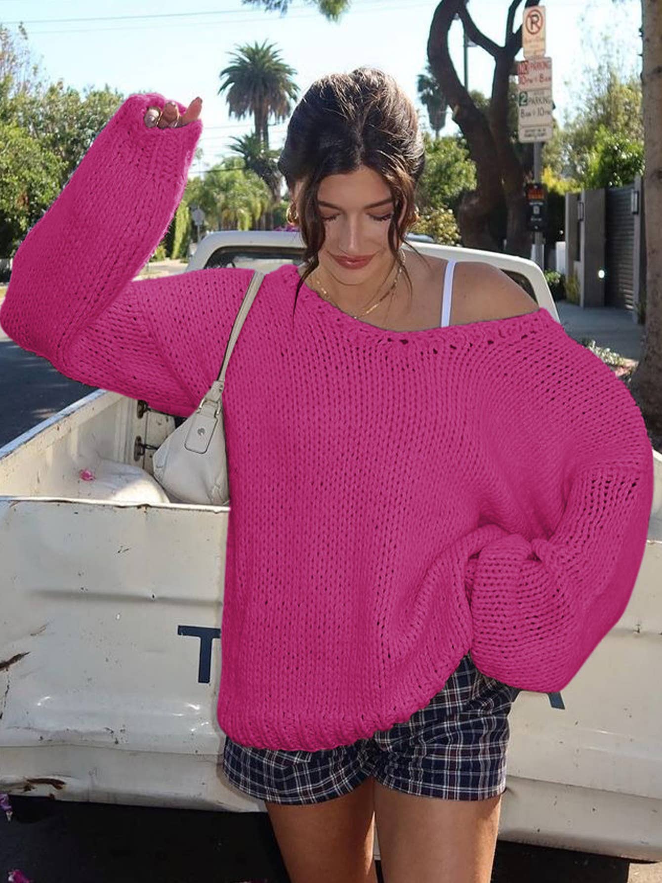 SOLID COLOR SIMPLE LOOSE V-NECK KNIT SWEATER