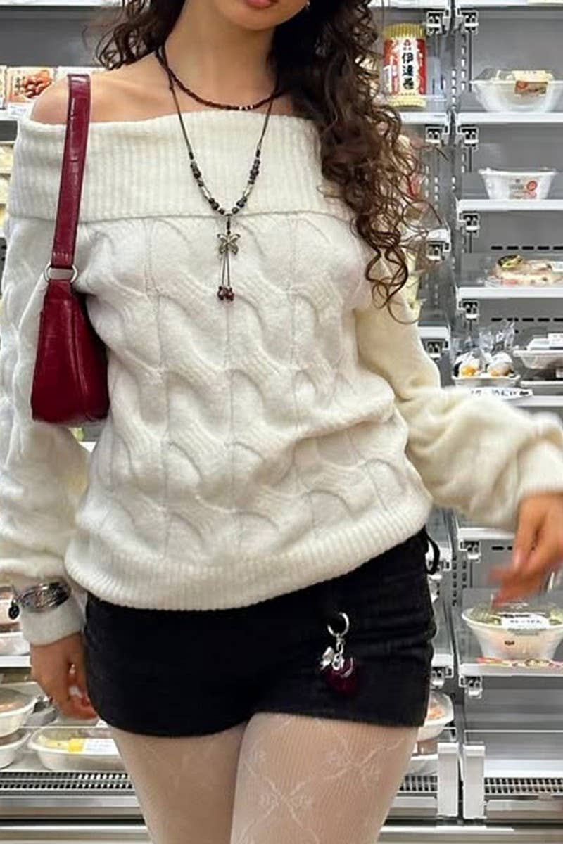 CWOSWL07510_OFF-THE-SHOULDER LONG-SLEEVED KNITTED SWEATER