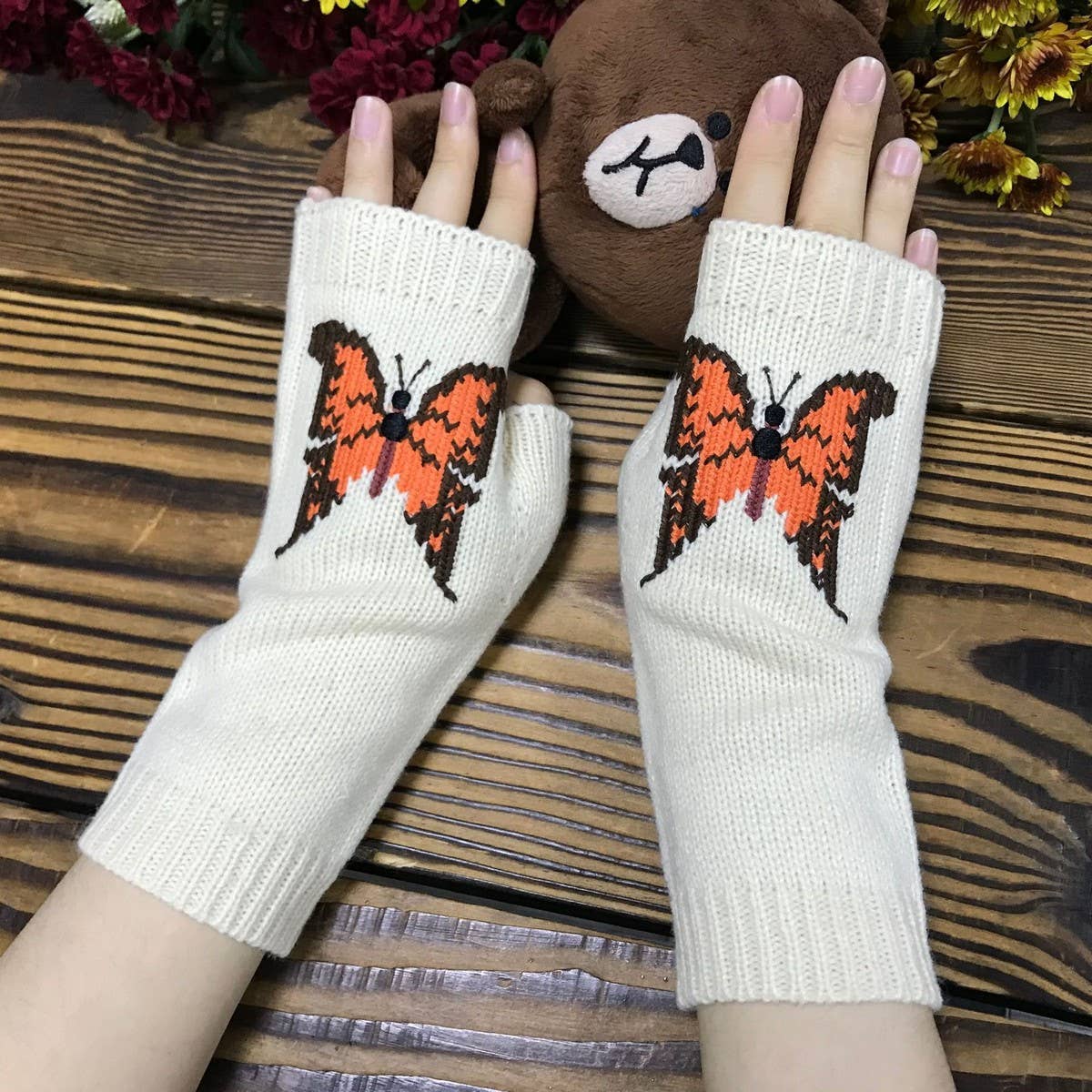 ORANGE LARGE BUTTERFLY LONG HALF FINGER GLOVES_CWMM1671