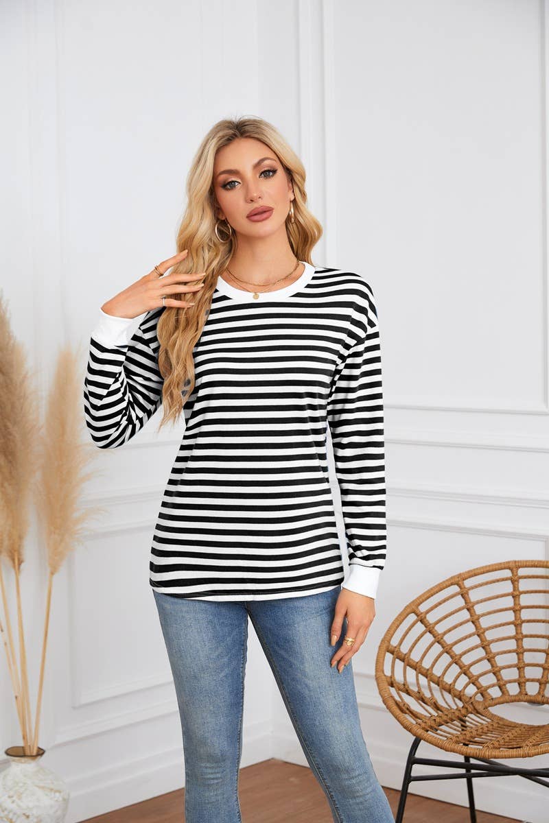 STRIPED CREW-NECK LONG-SLEEVED PULLOVER HOODIE