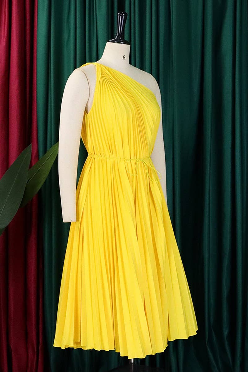 CWDSD10889_2023 SUMMER PLUS SIZE ONE SHOULDER PLEATED DRESS