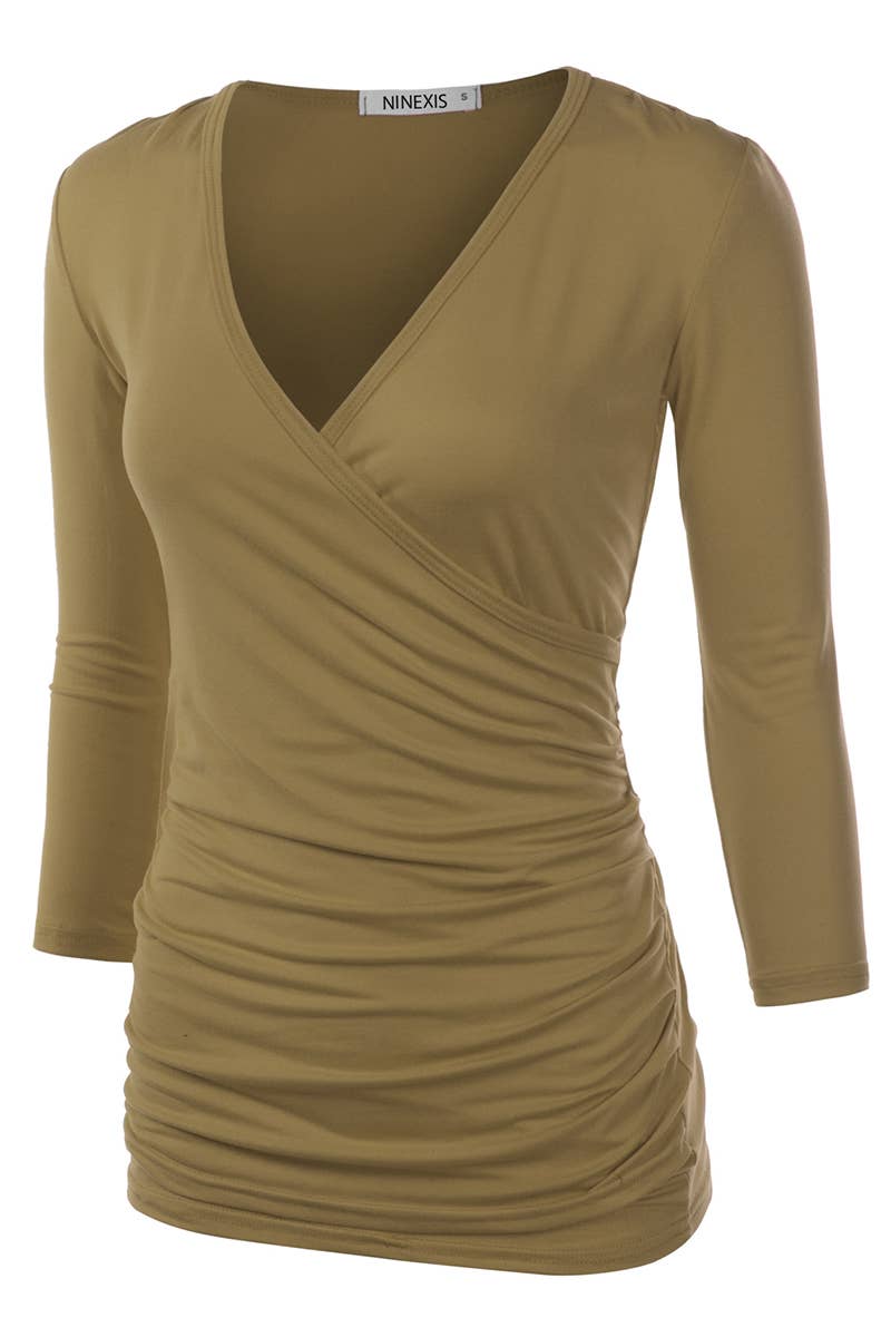 Cwttl1403_3/4 Sleeve Tank Tops Deep V-Neck Surplice Wrap