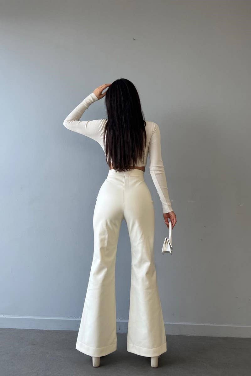 WOMEN STRAP TIED HIGH WAIST BOOT CUT LONG PANTS_CWBLP0346