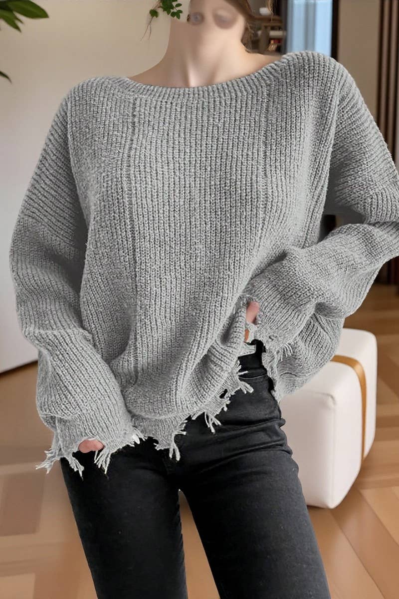 CWOSWL07632_LOOSE-FITTING DISTRESSED RAW-EDGE KNIT TOP