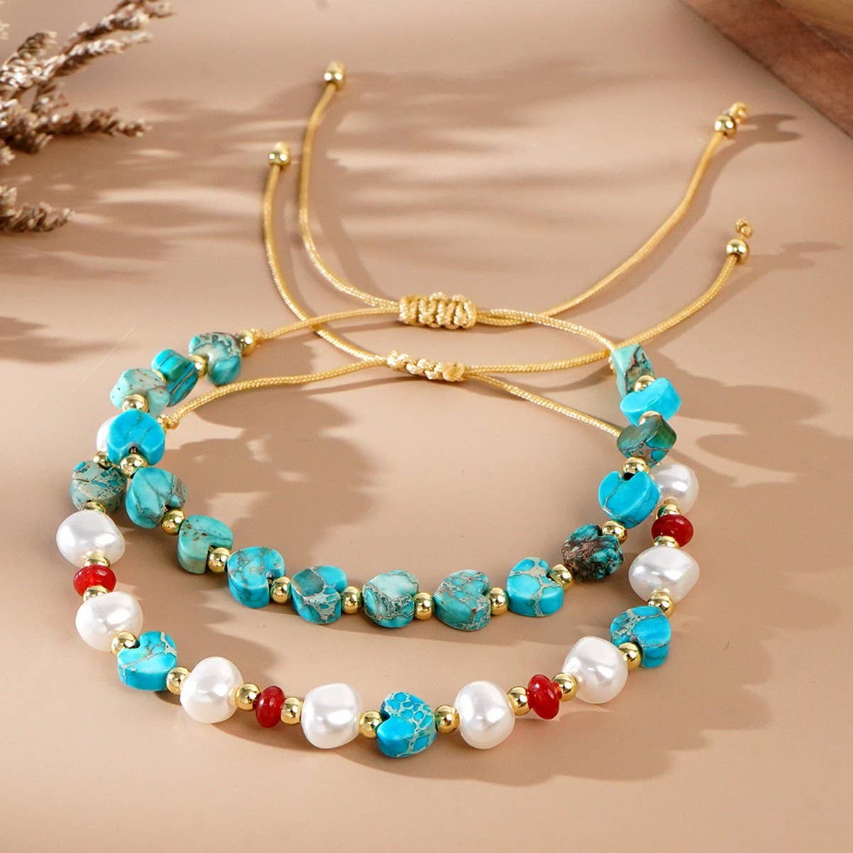 SEMI-PRECIOUS STONE IMITATION PEARL HEART BRACELET