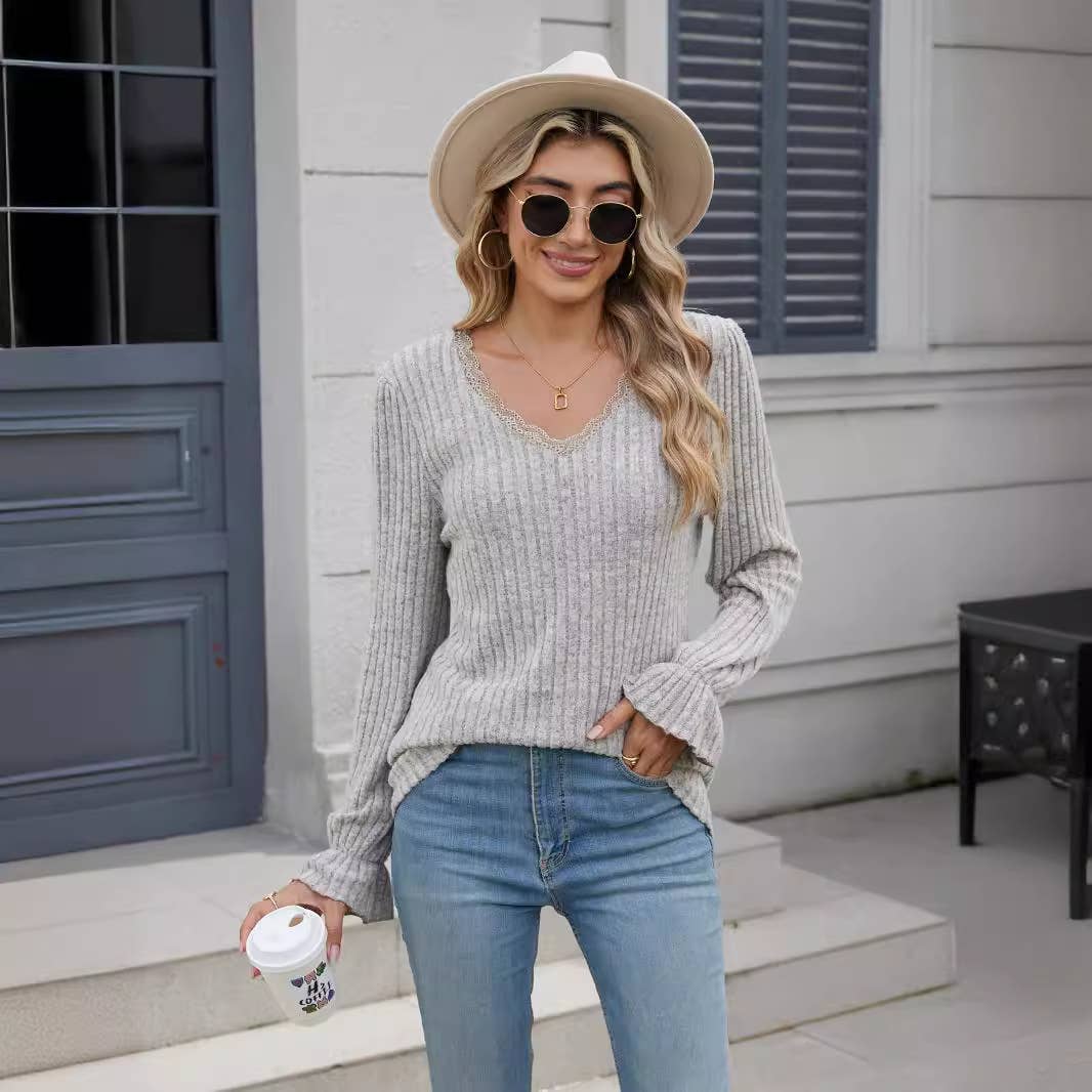 SOLID COLOR PIT-TRIMMED CASUAL V-NECK LACE PRIMER