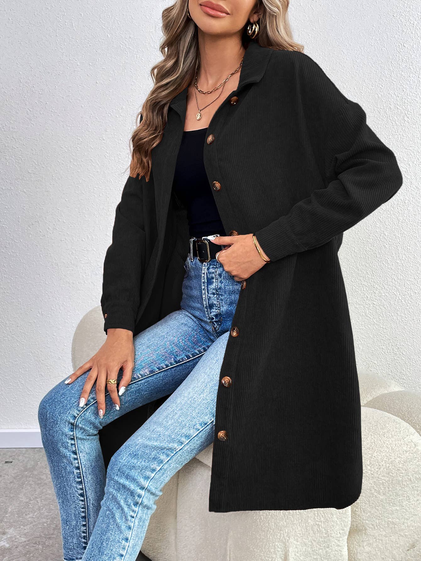 LONG SLEEVE SINGLE BREASTED CORDUROY LONG CARDIGAN