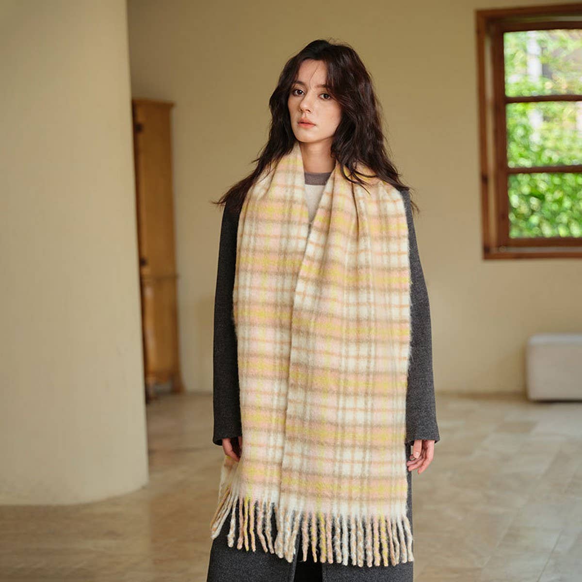 High-Quality Wool Blend Plaid Scarf for Women
