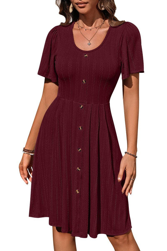 CWDSD6685_ROUND NECK BUTTON STRETCH SHORT SLEEVE DRESS