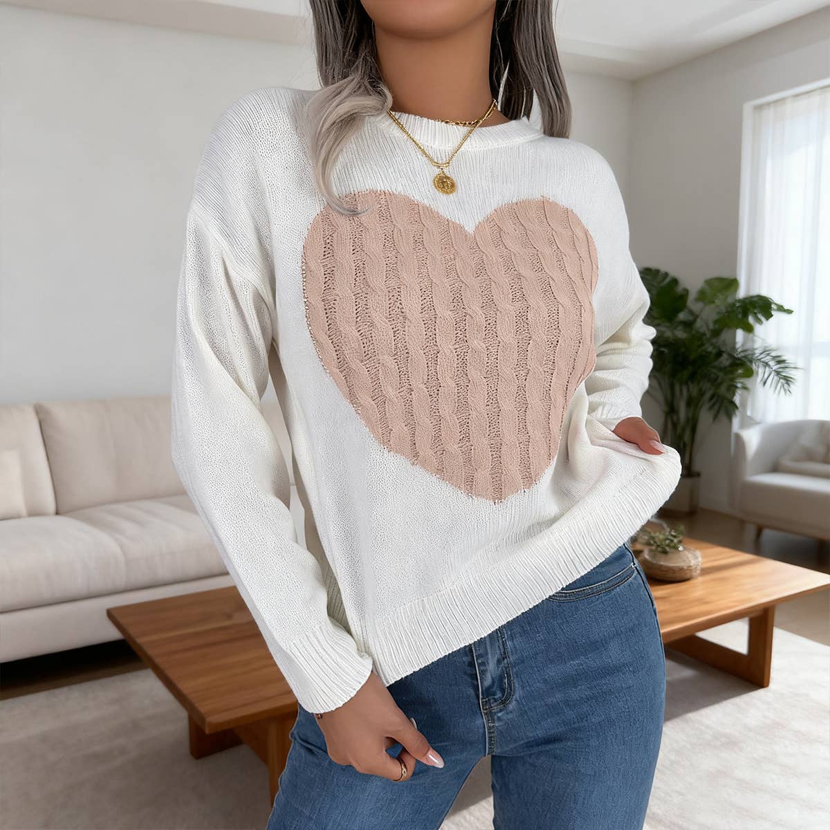 Twisted heart long-sleeved pullover sweater
